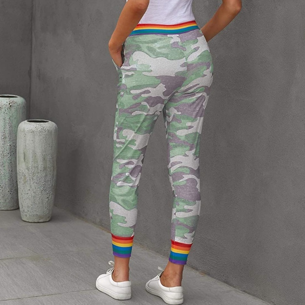 Women Rainbow Pride Stripe Camo Joggers Drawstring Waist Pants with Pocket Green - Picture 2 of 6